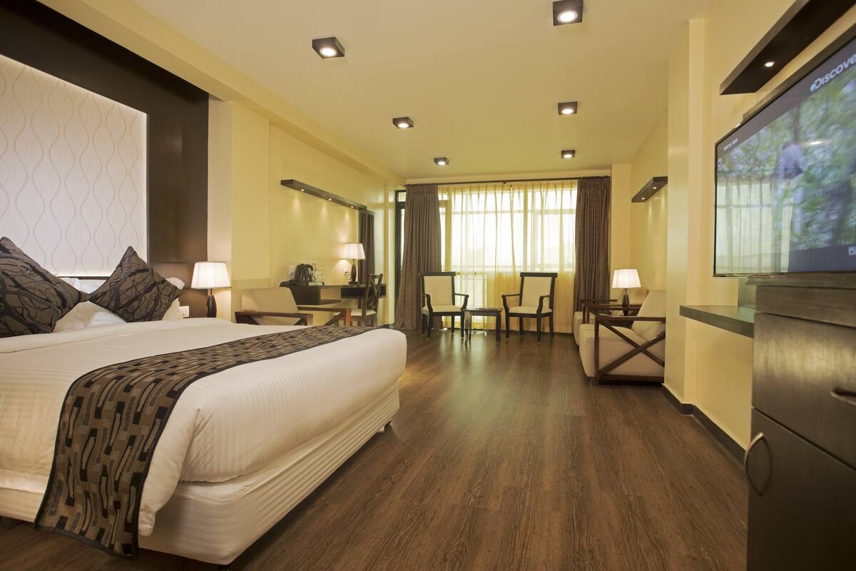 A hotel room with a large bed, a desk, a chair, and a television.