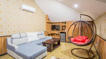 A living room with a sofa, a hanging chair, a TV, and a small cabinet.