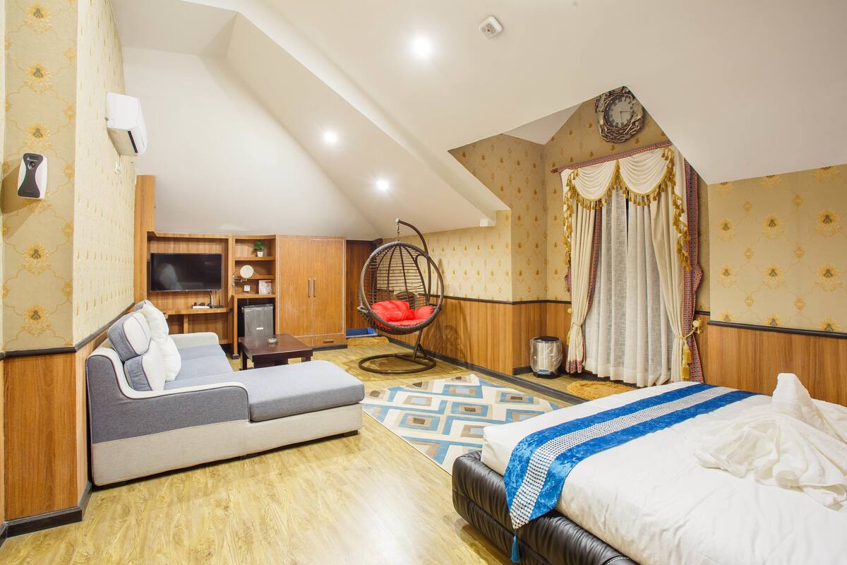 Habitación de hotel con sofá, cama, sillón colgante, televisión y una pequeña cocina.