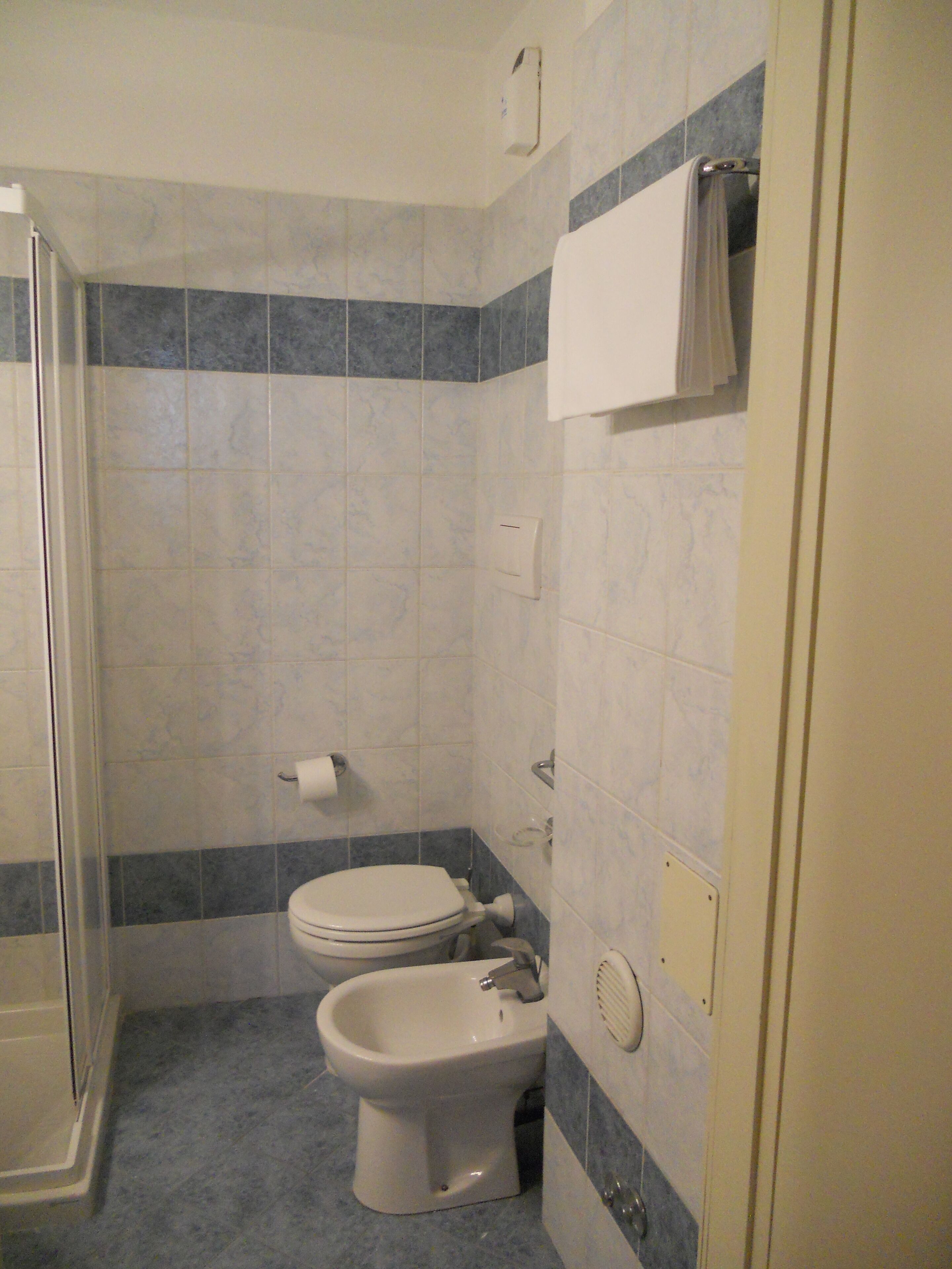 Un baño con inodoro, bidé y zona de ducha.