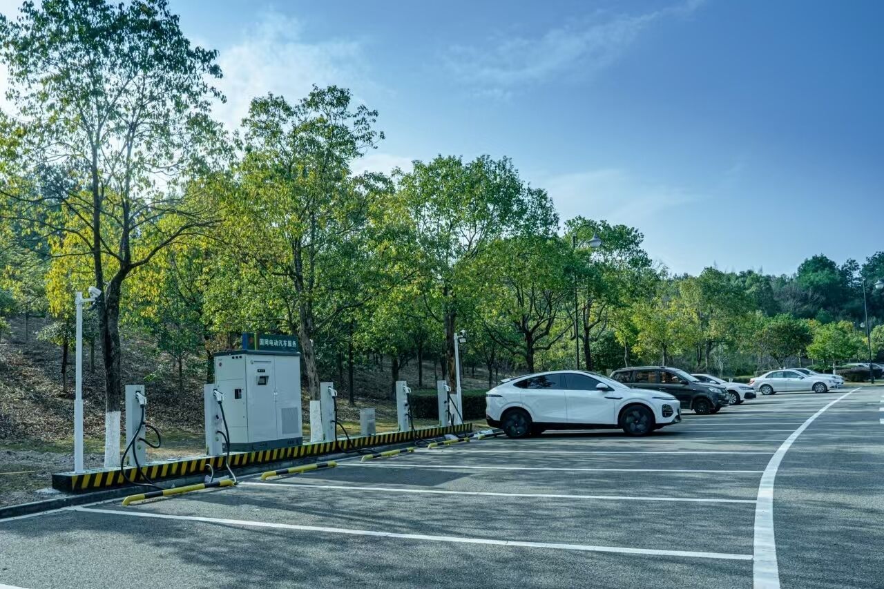 Un área de estacionamiento con estaciones de carga para vehículos eléctricos, un automóvil blanco y árboles al fondo.