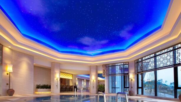 A modern indoor swimming pool with a starry ceiling, large windows, and a reception area.