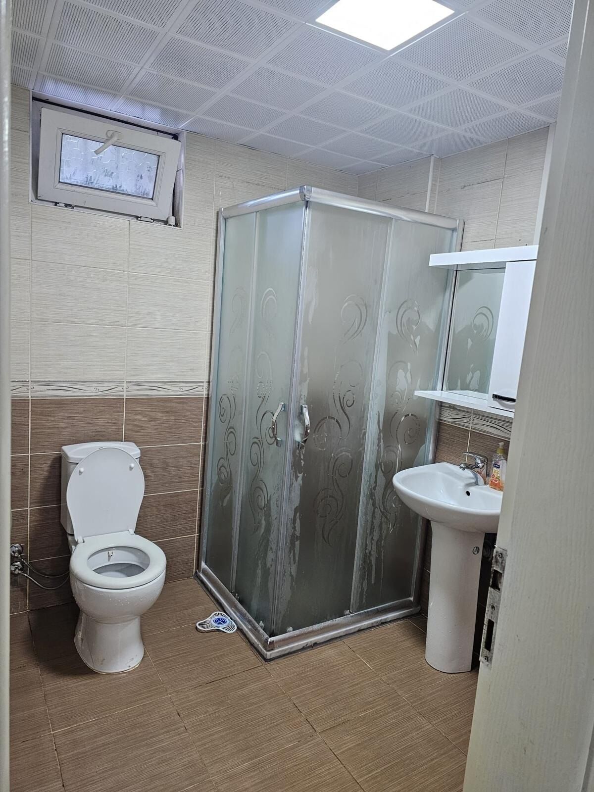 A bathroom with a toilet, a sink, and a shower enclosure.