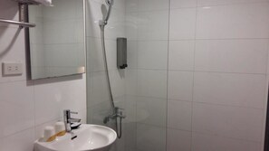 Shower, rainfall showerhead, hair dryer, slippers