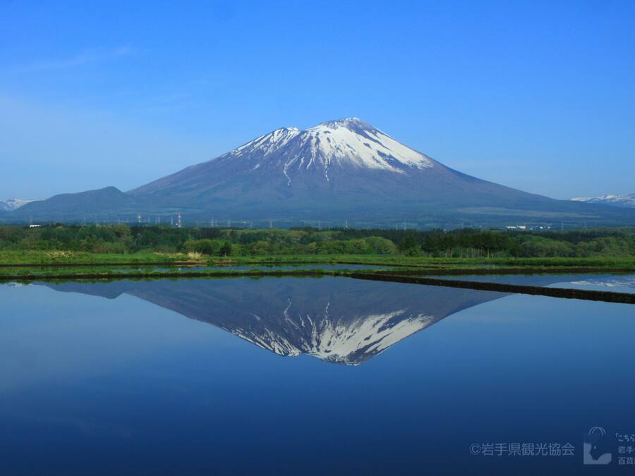 A mountain reflected in a calm body of water with a clear sky.