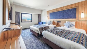 A hotel room with two beds, a desk, and a large window offering a city view. - ART HOTEL Morioka (Morioka)