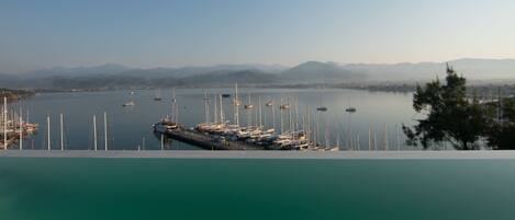 Uma marina com barcos e vista clara para montanhas ao longe.