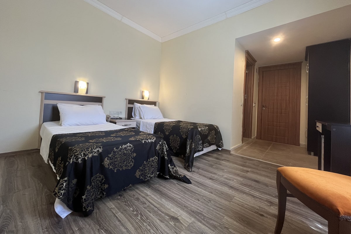 Minibar, escritorio y espacio para trabajar con laptop