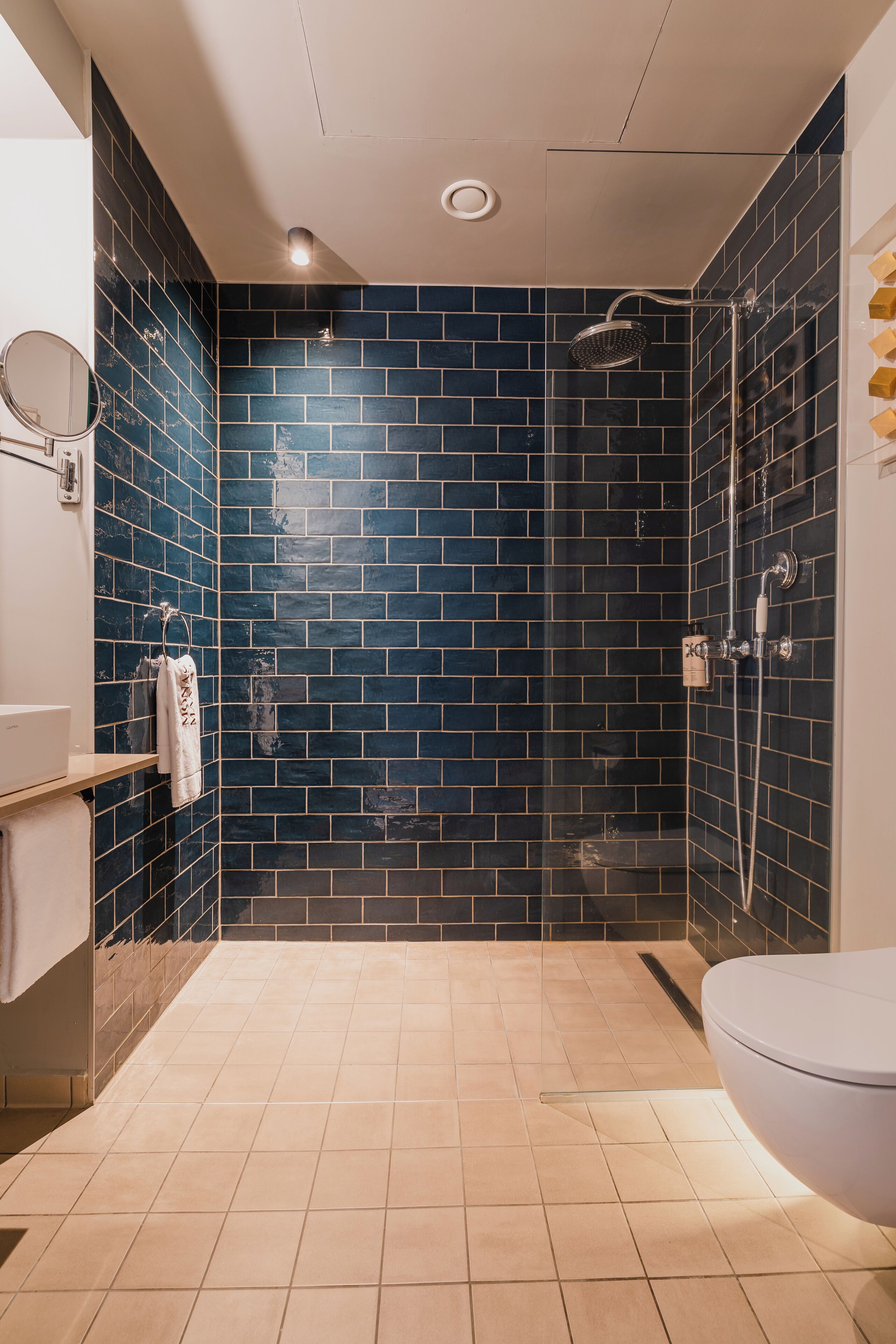 A bathroom with dark blue tiled walls, a white toilet, and a shower area.