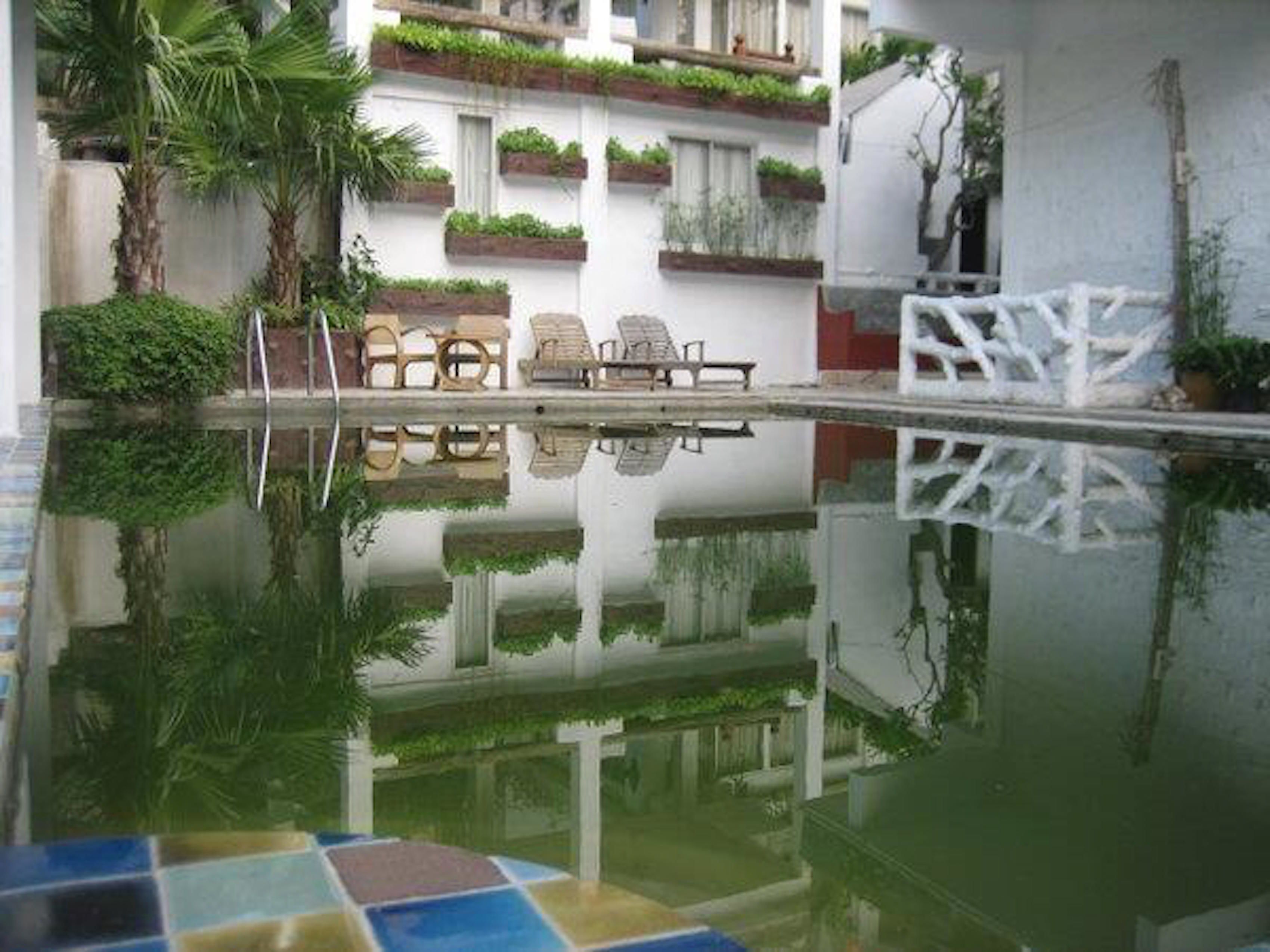 Una piscina con el reflejo de un edificio, palmeras y mobiliario de exterior.