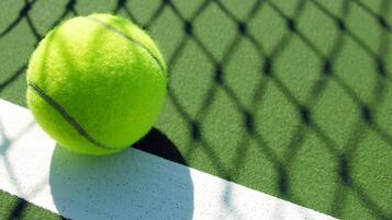 Una pelota de tenis sobre una cancha verde con una línea blanca.