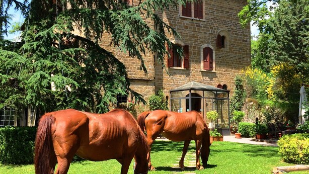 A courtyard with two horses, a stone building with arched windows, and a tower. - Castello Cortevecchio (Gubbio)