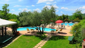 A pool area with lounge chairs and umbrellas, surrounded by greenery and a clear sky. - Castello Cortevecchio (Gubbio)