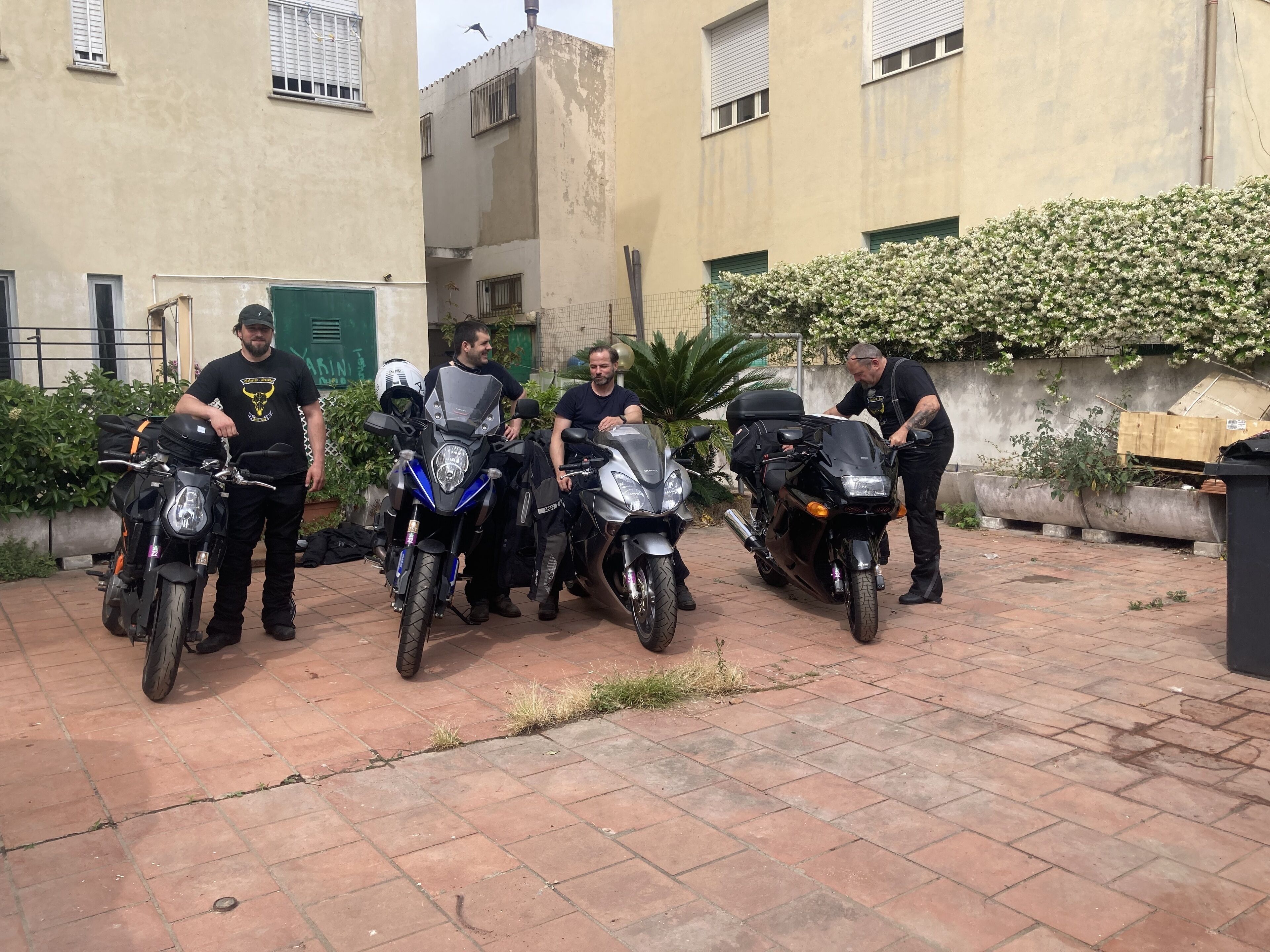 Un patio con cuatro motocicletas estacionadas en línea, una planta en maceta y una pared con flores blancas.