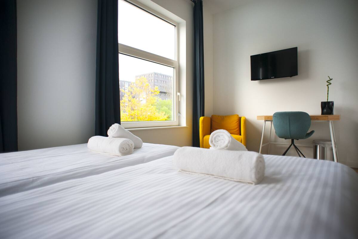 A hotel room with two beds, a TV, a desk, and a chair.