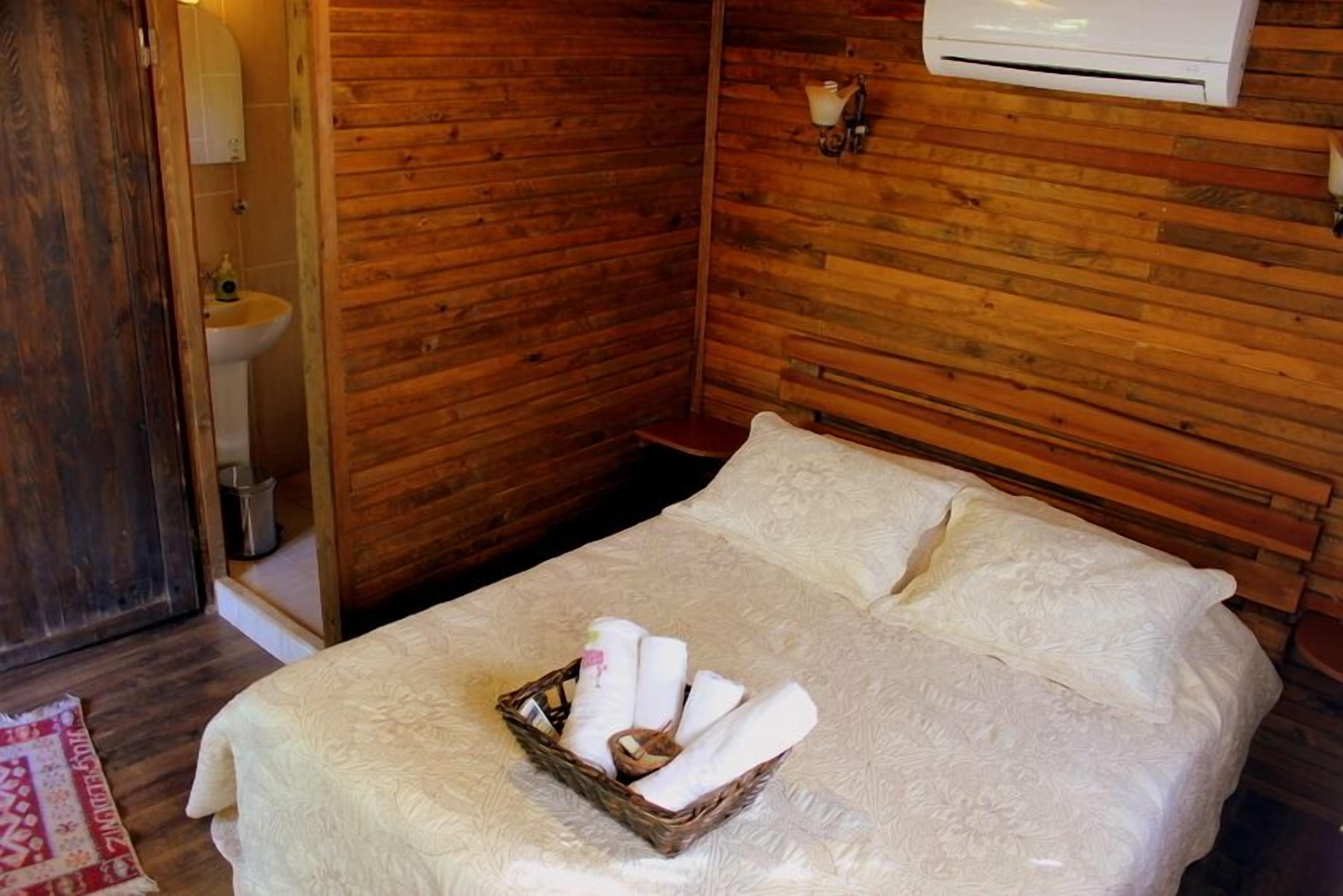 A wooden room with a bed, a sink, and an air conditioning unit.