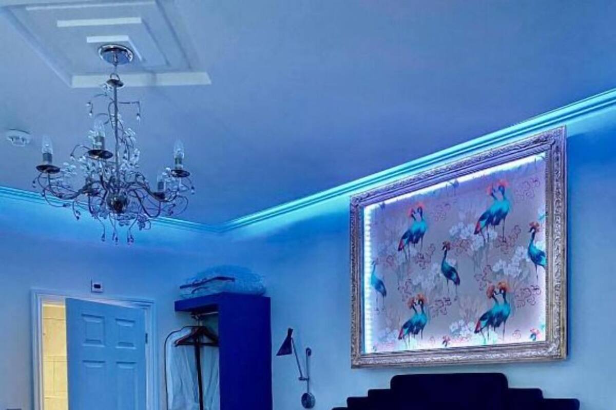 Un dormitorio con cama, lámpara de araña, una obra de arte en la pared y una puerta.