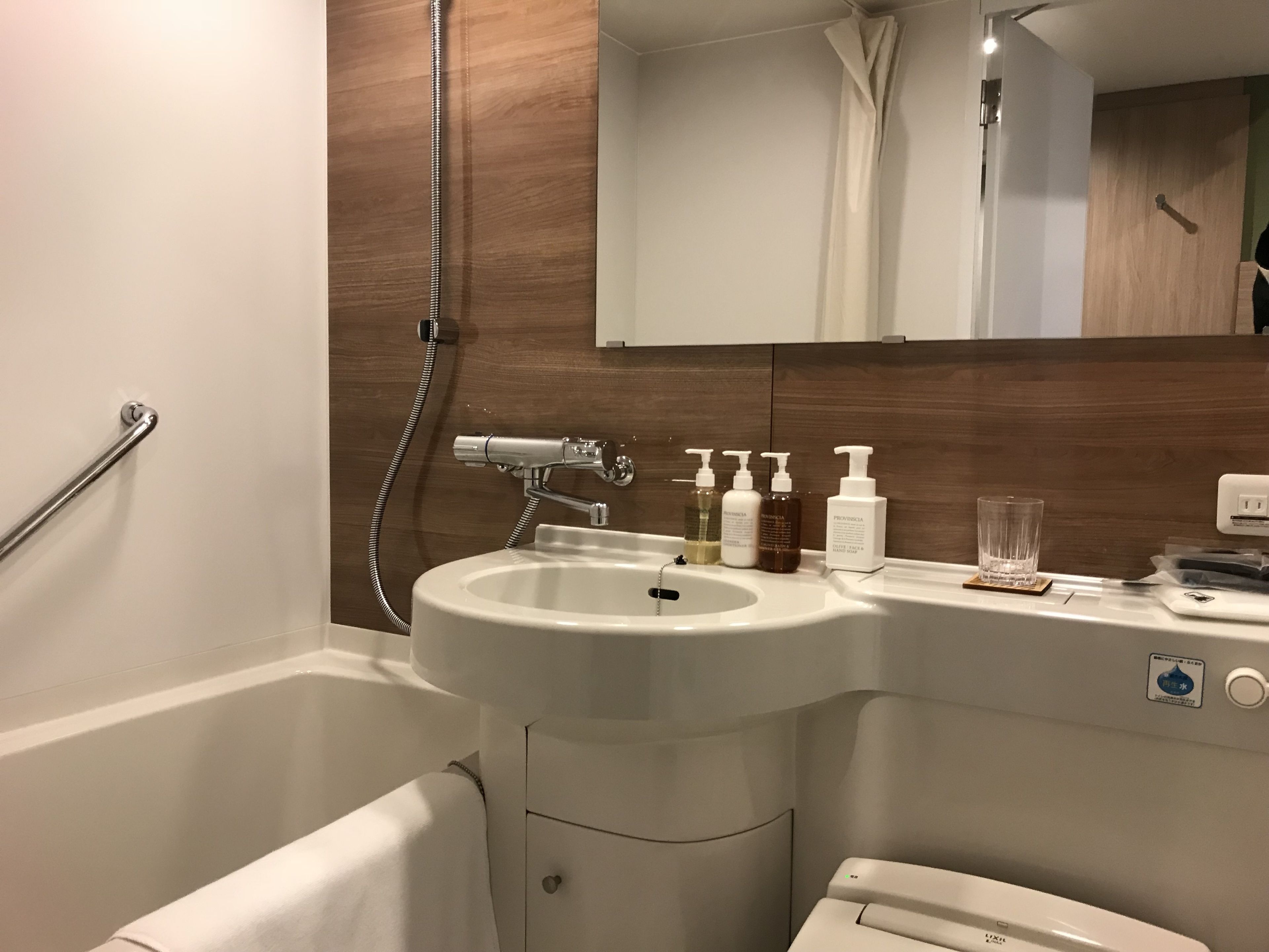 combined shower/bathtub, free toiletries, hair dryer, slippers