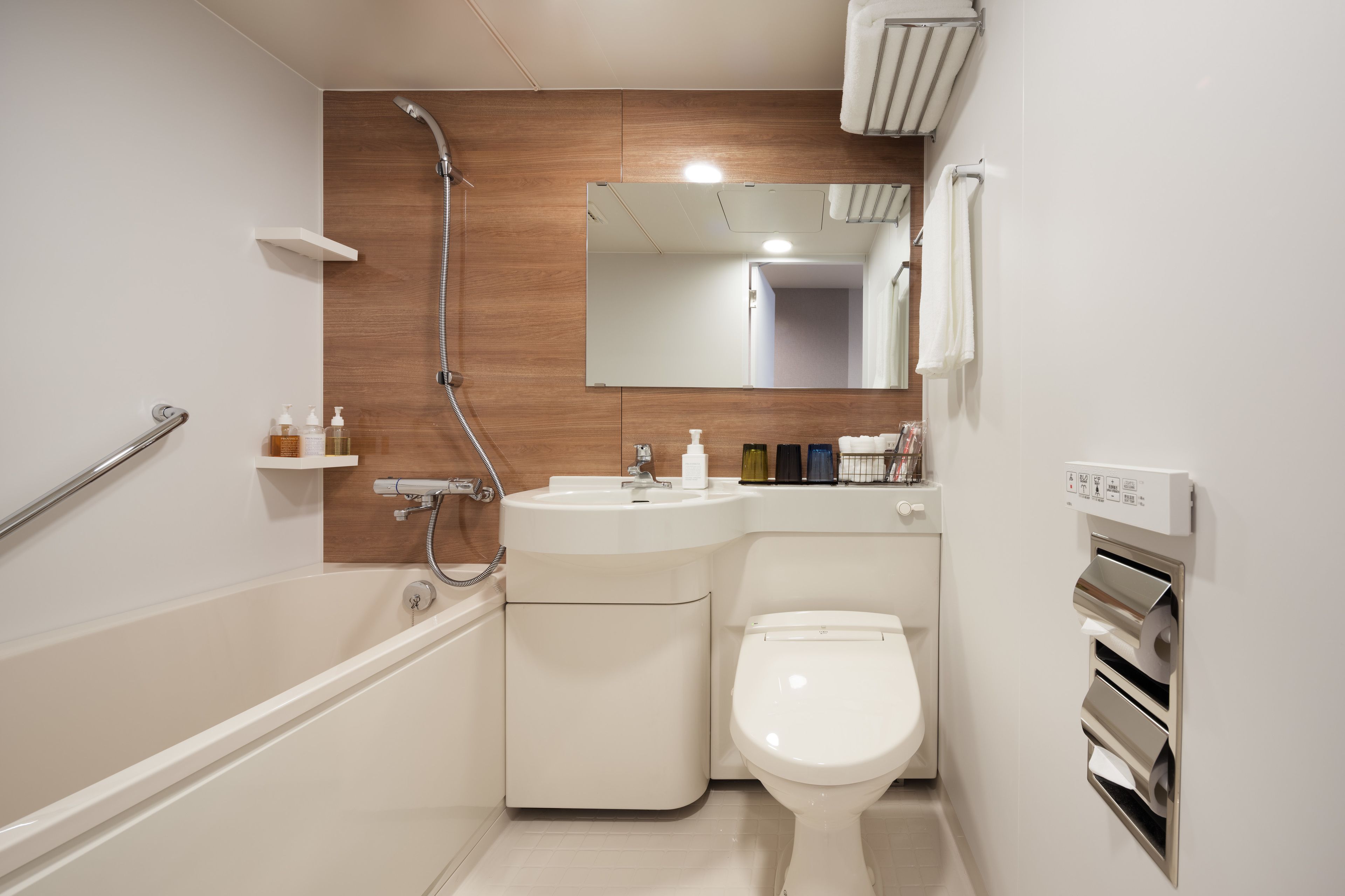 combined shower/bathtub, free toiletries, hair dryer, slippers