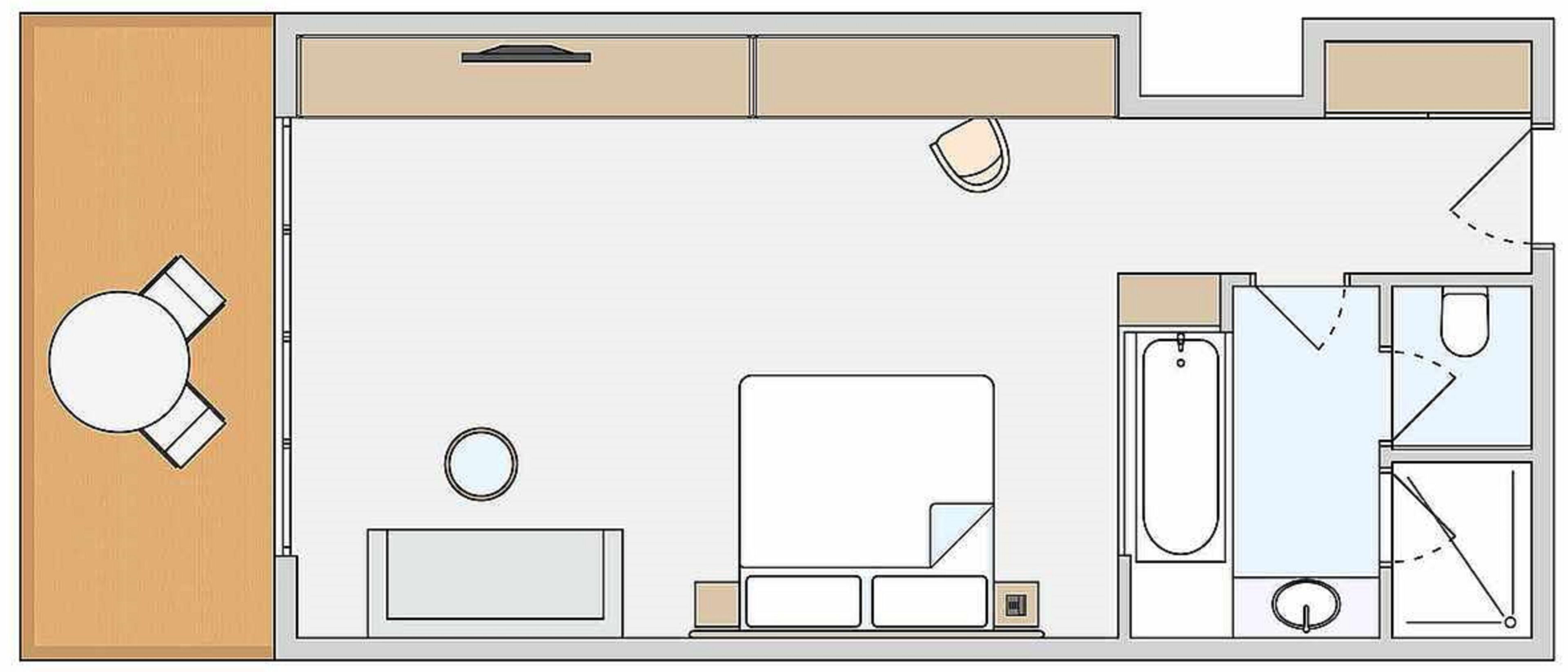 A room with a bed, a desk, a chair, a small table, a round table, and a window.