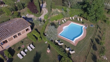 Seasonal outdoor pool, pool umbrellas