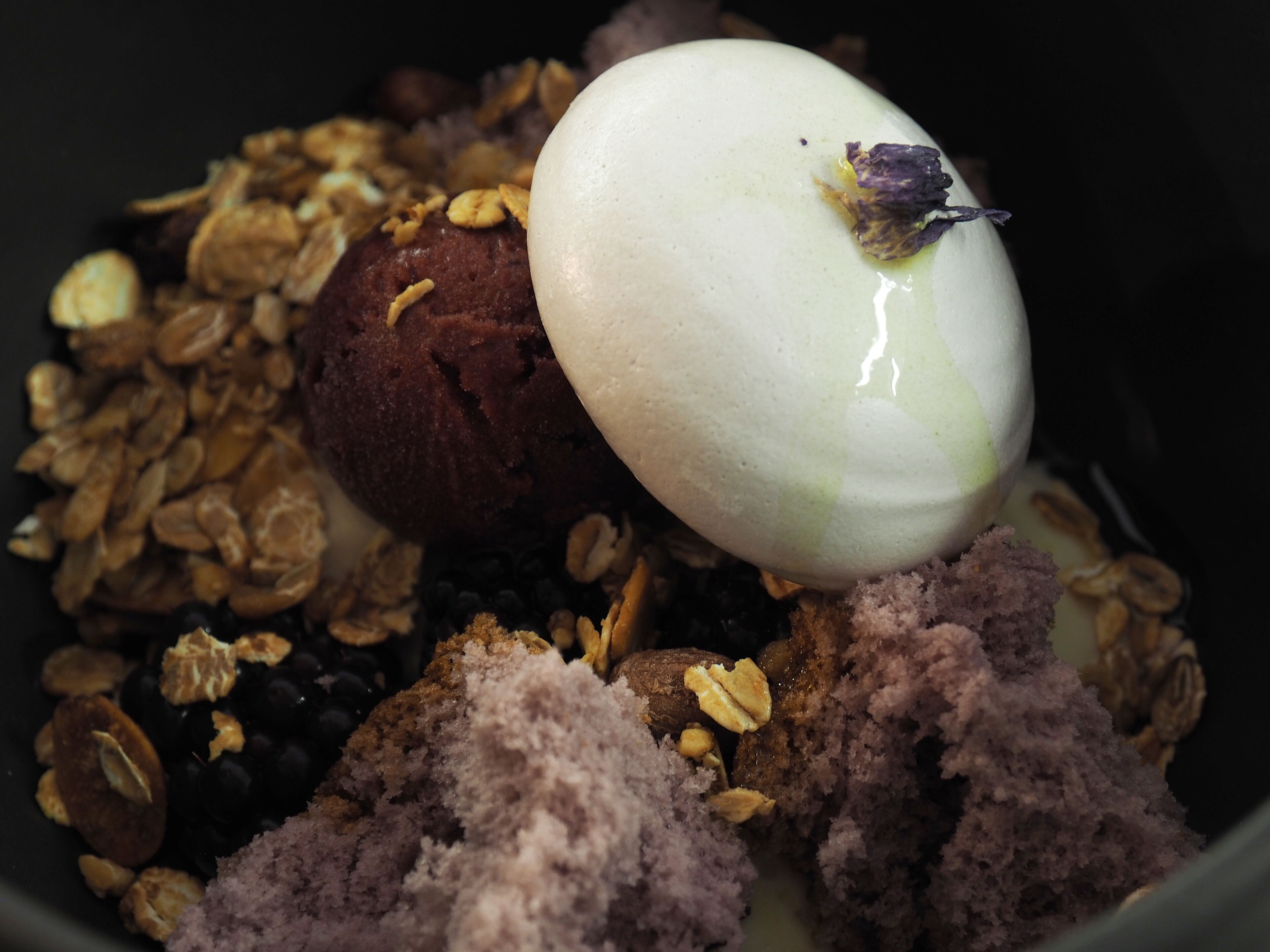 A bowl containing granola, a chocolate-covered item, and a boiled egg.