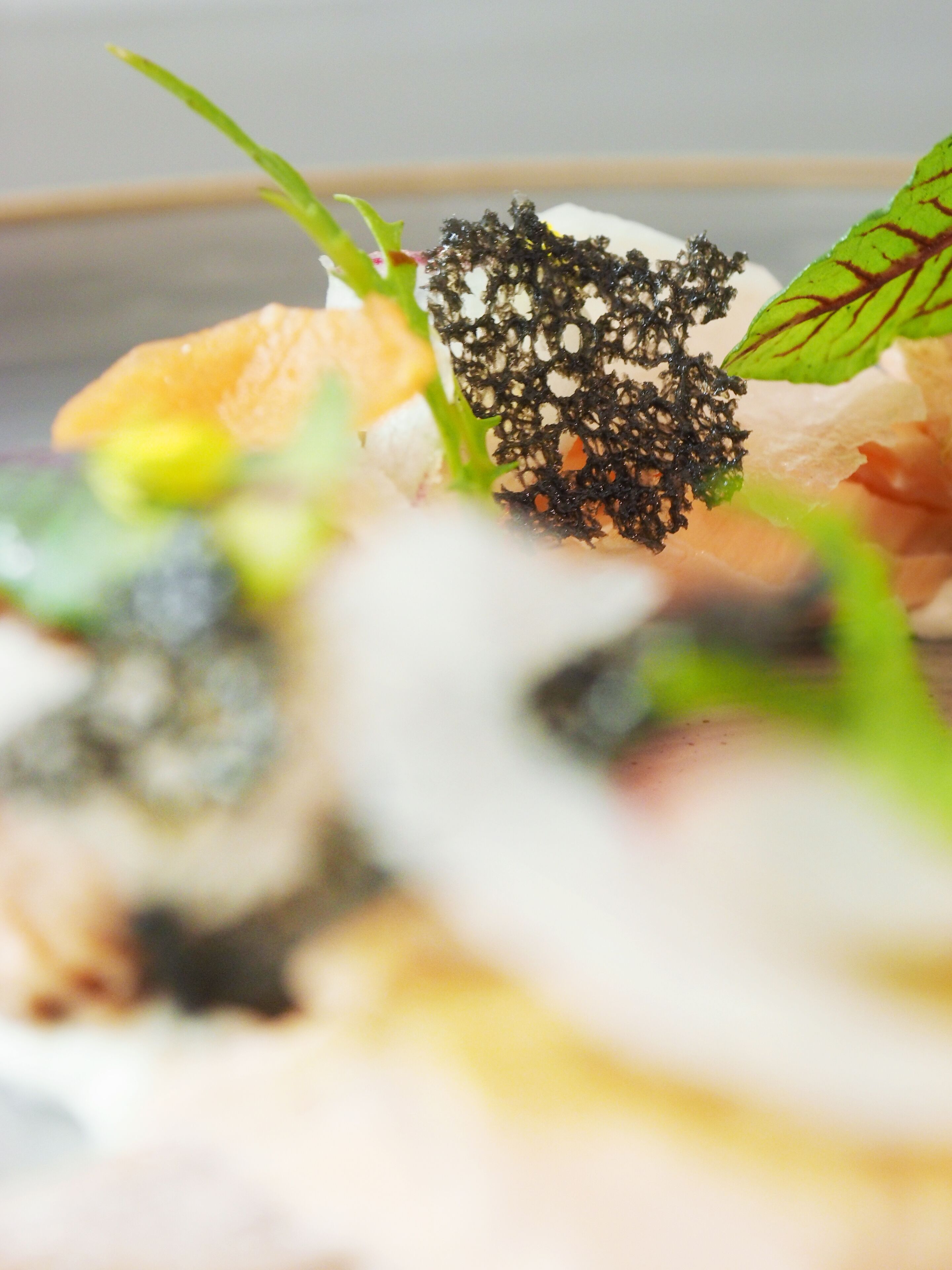 A close-up of sushi with seaweed garnish.