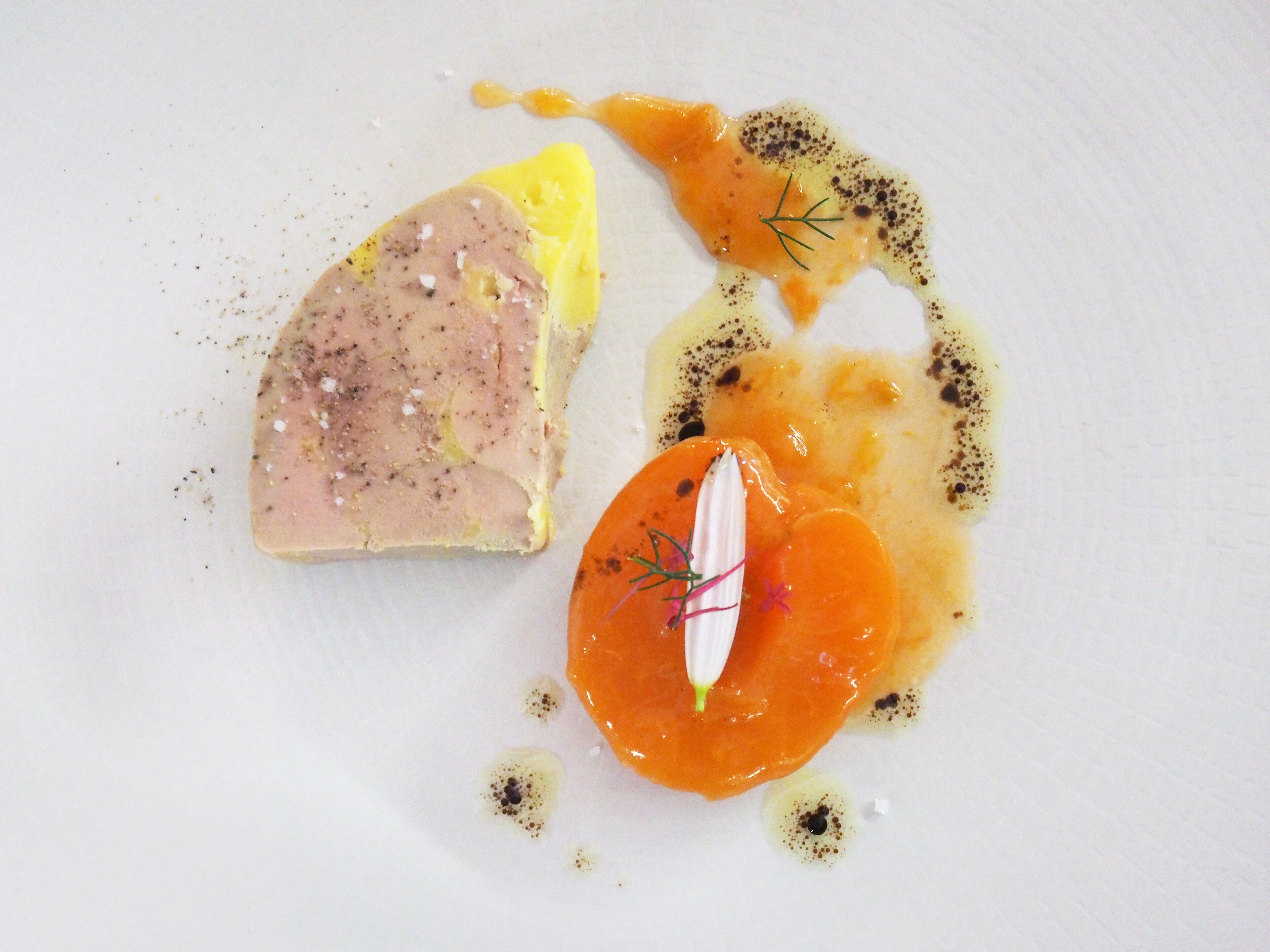 Une assiette blanche contenant un morceau de viande, une tranche d’un aliment jaune et un objet rond orange, agrémenté d’une garniture.