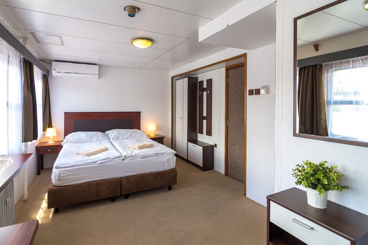 Habitación de hotel con cama doble, lámparas de noche, un pequeño escritorio, una planta en maceta y un armario.