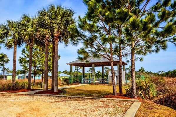 Escape to a serene oasis surrounded by lush trees and tranquil pathways.