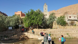 A river with a stone wall and a sign indicating a restaurant. -  Les Jardins de Todgha (Toudgha El Oulia)