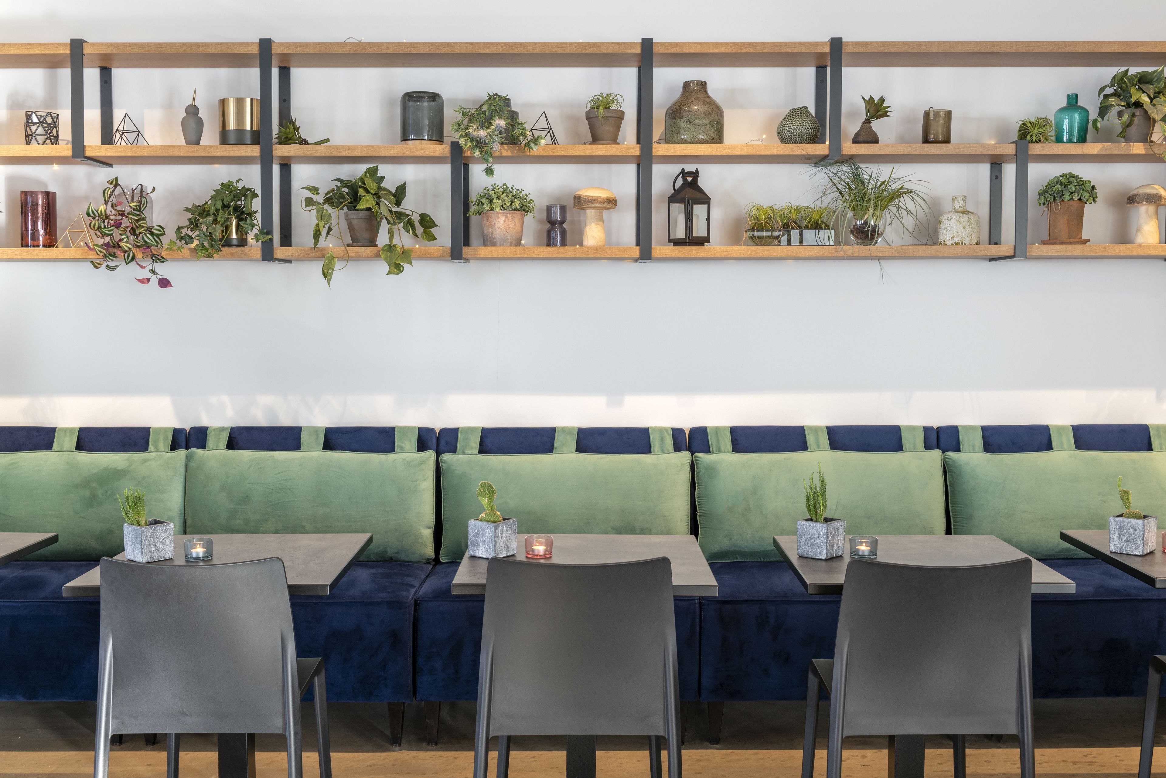 Un coin salon avec un canapé vert, des étagères en bois ornées de plantes et d’objets décoratifs, ainsi qu  ’une table entourée de chaises.