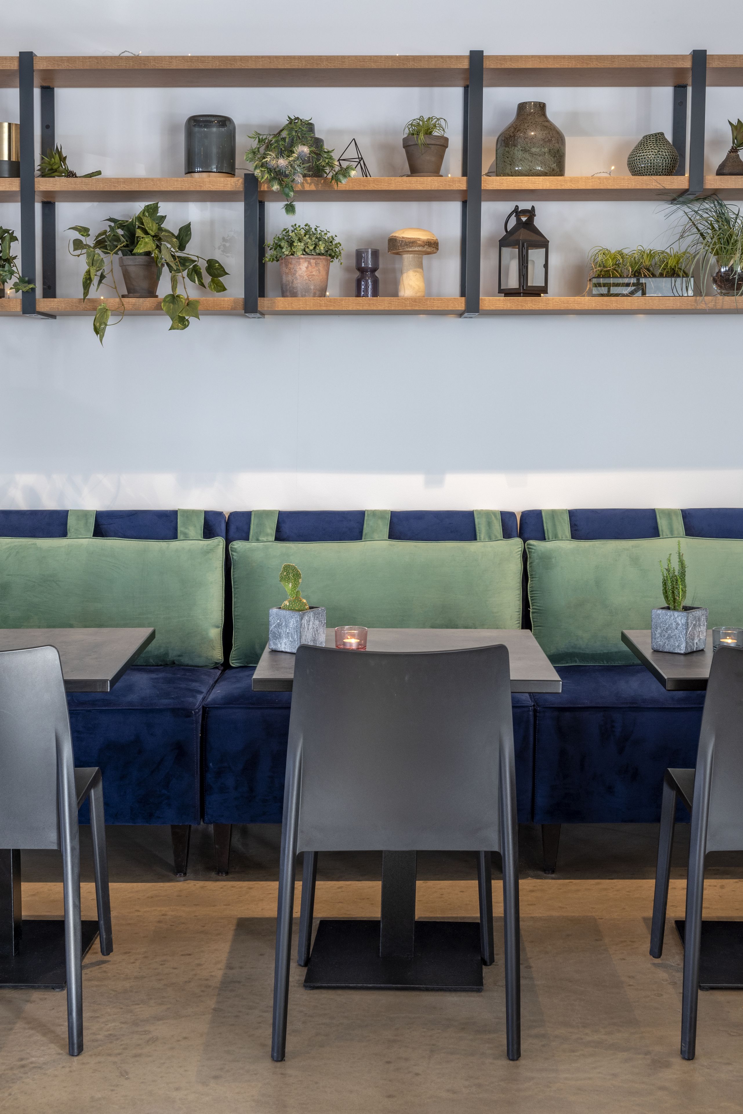 Una zona de estar con un sofá azul y cojines verdes, una estantería de madera con plantas y una mesa con sillas.