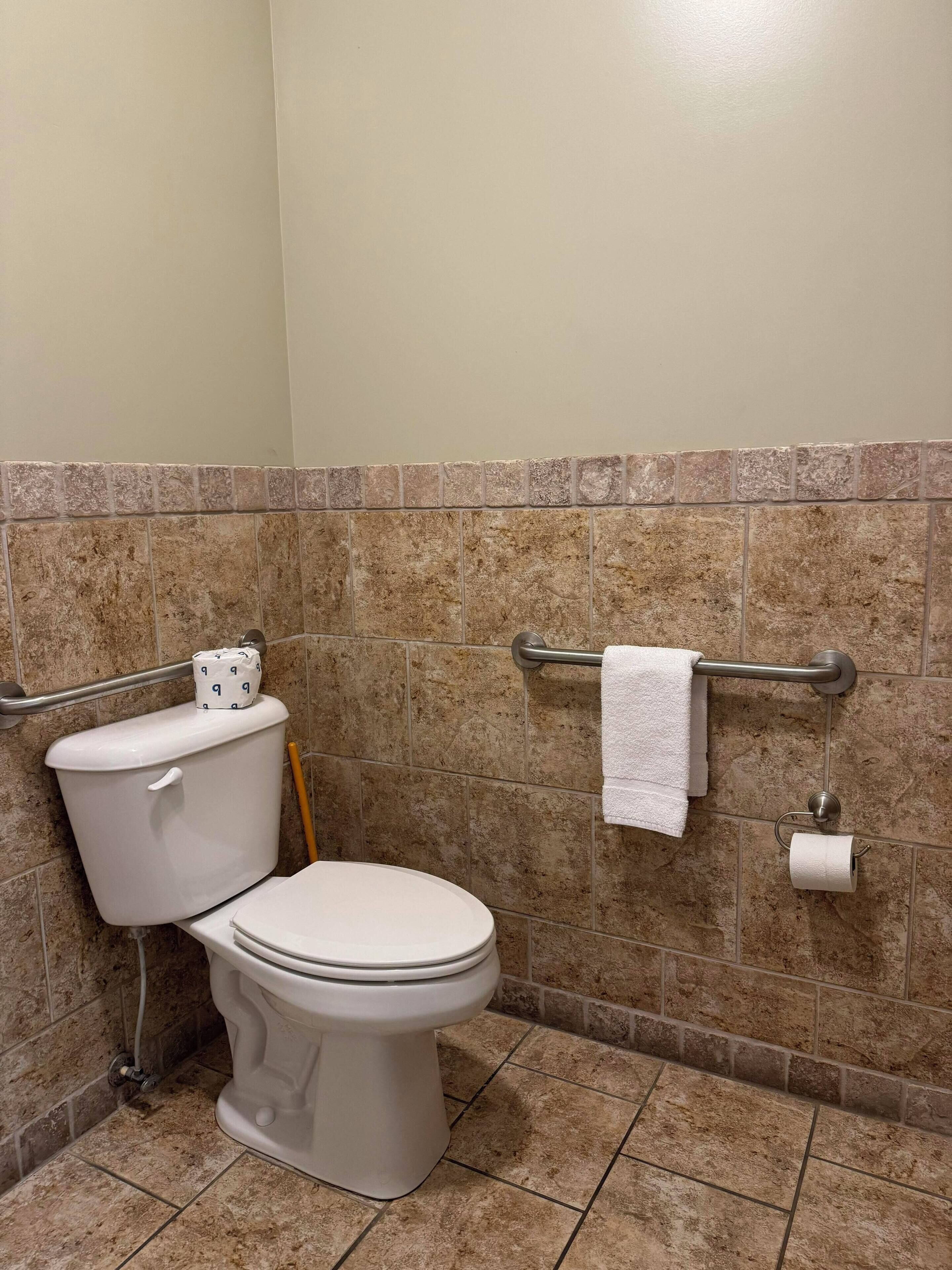 A bathroom with a toilet, a grab bar, a towel rack, and a toilet paper holder.