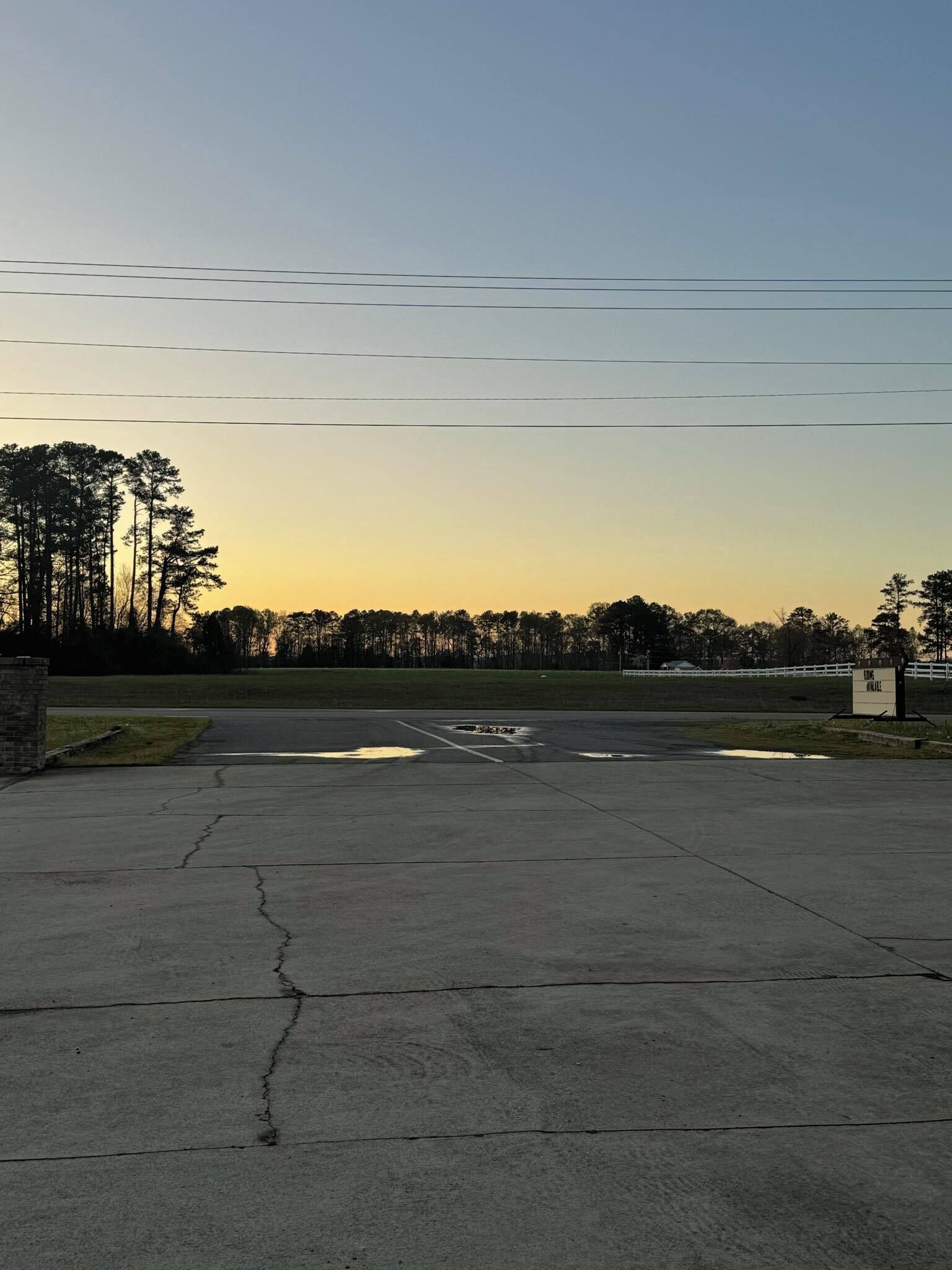 A large, empty parking lot with a clear sky and trees in the background.