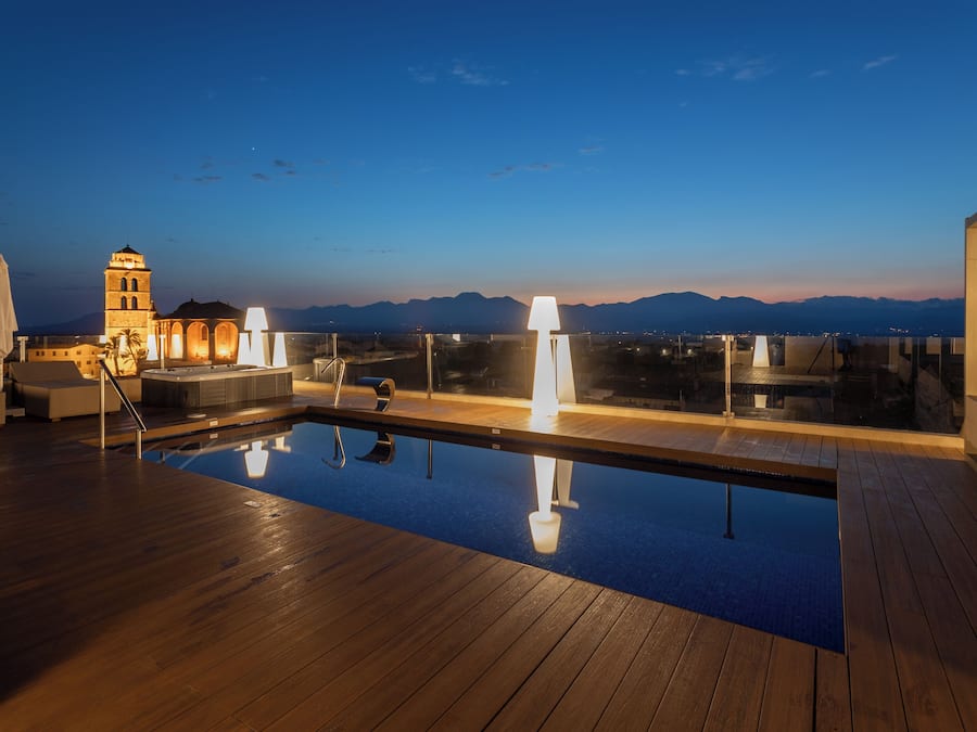 Outdoor pool, pool umbrellas, pool loungers