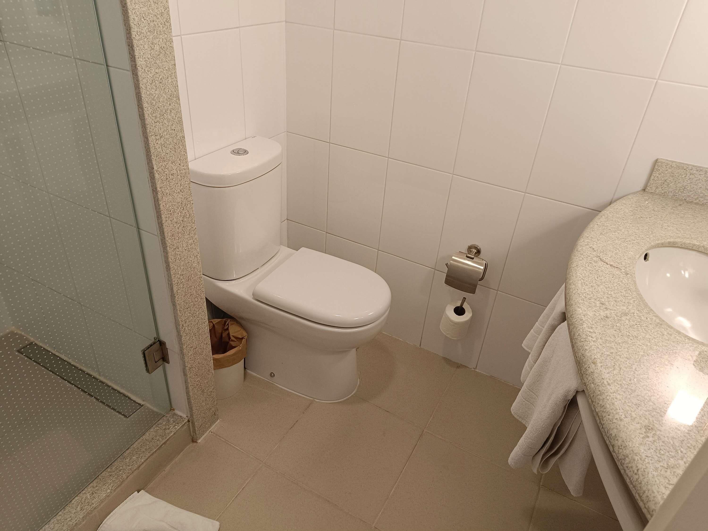 Ein Badezimmer mit Toilette, Waschbecken und Duschbereich.