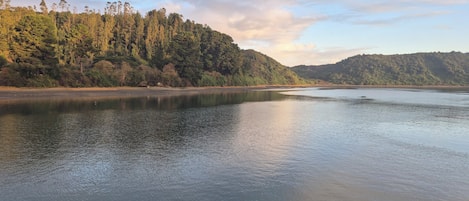 Un lago tranquilo con una ladera boscosa al fondo.