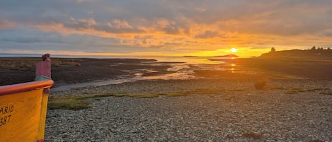 A rocky shoreline with a sunset in the background.
