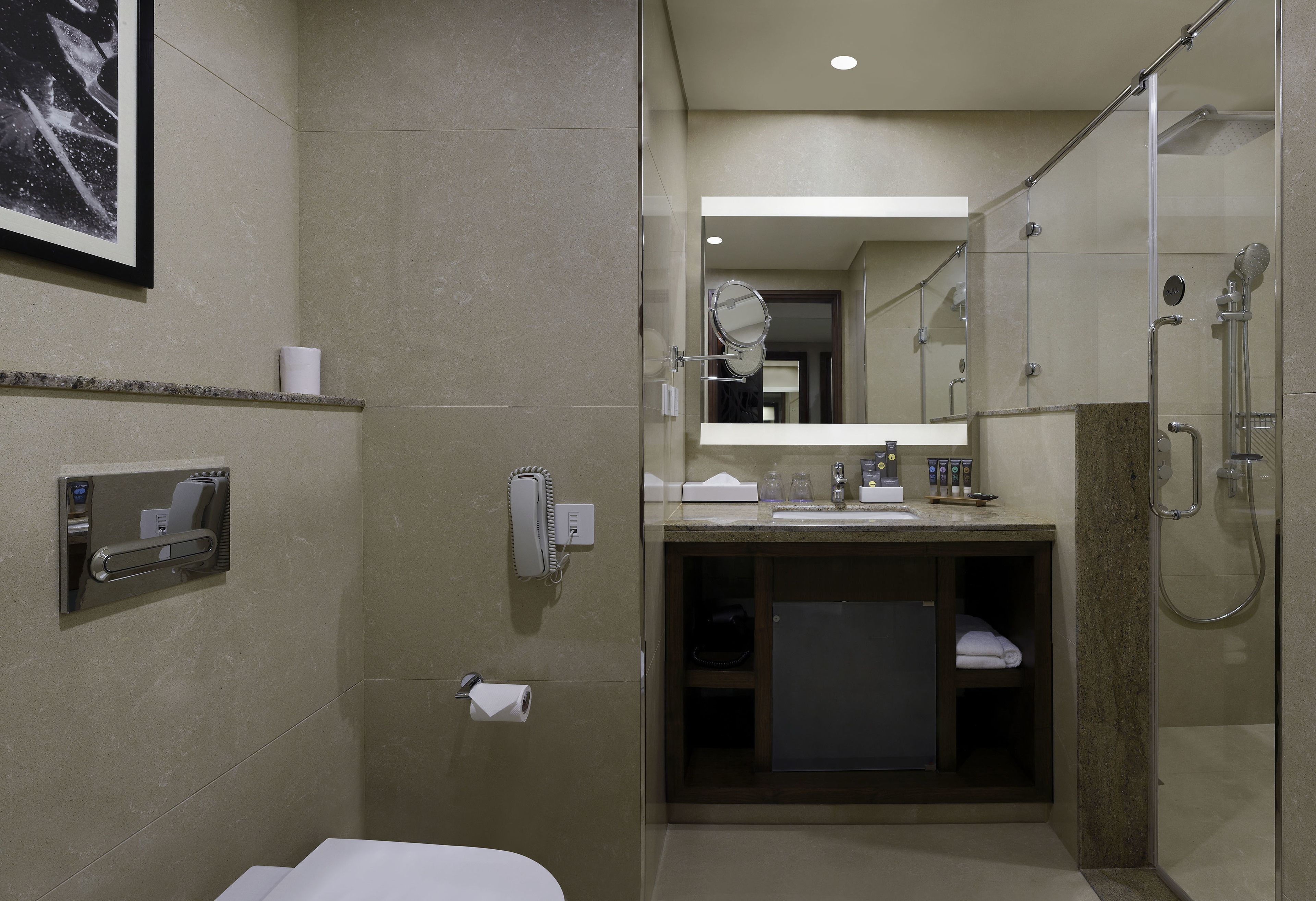 rainfall showerhead, eco-friendly toiletries, hair dryer, bathrobes