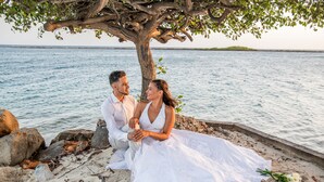 A couple sitting on a beach under a tree, with a wedding dress and a ring visible. - Serene by the Sea (Savaneta)