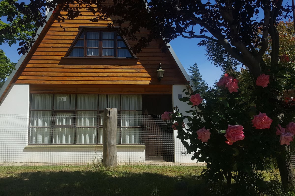 Ein Haus mit einem geneigten Dach, einem großen Fenster mit Vorhängen und einem Garten mit rosa Rosen.
