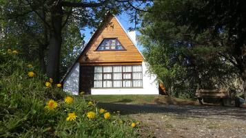 A small, triangular wooden house with a white facade and a window with curtains.