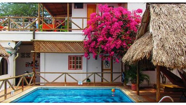 A swimming pool with a thatched roof structure, a balcony with a railing, and a vibrant pink bougainvillea plant.