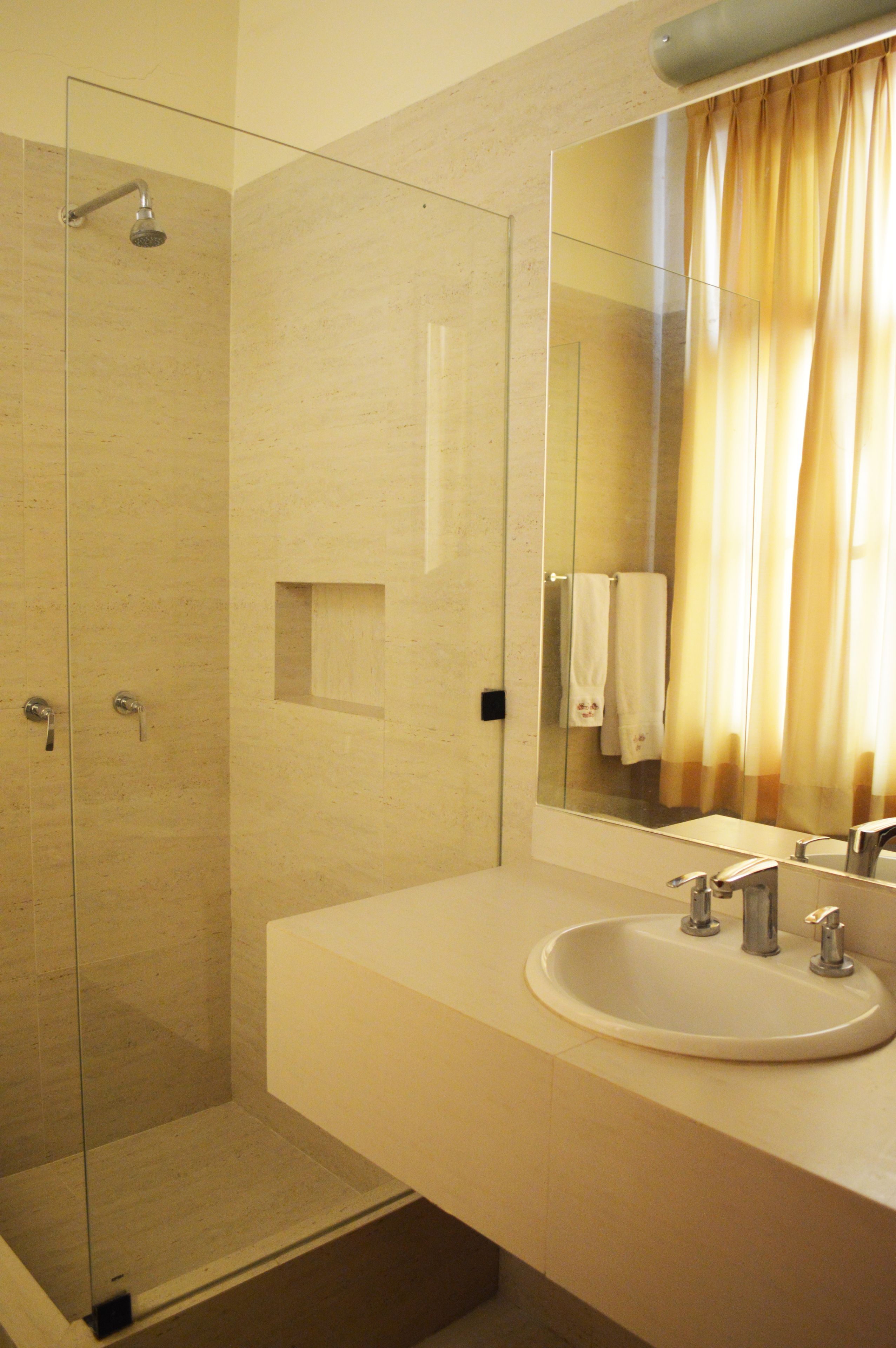 twin room | bathroom | shower, hair dryer, towels