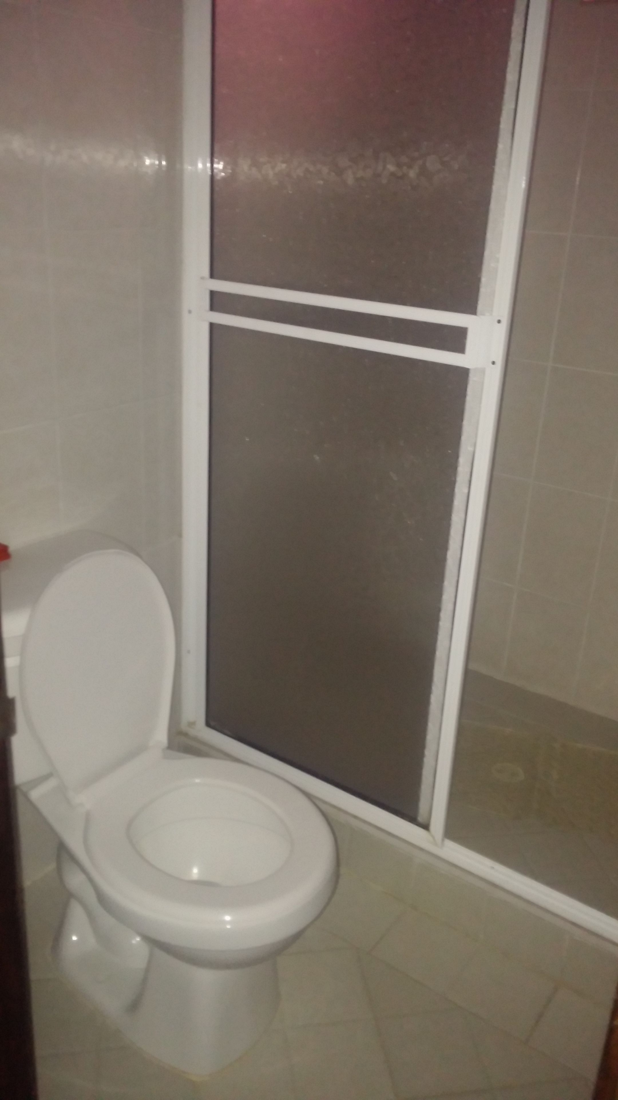 A bathroom with a toilet, a shower enclosure, and tiled walls.