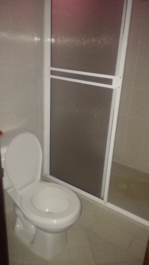 A bathroom with a toilet, a shower enclosure, and tiled walls. - Villa Manuela - Finca Hotel Casa Nostra (Quimbaya)