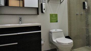 Een badkamer met een toilet, een wastafel, een spiegel en een douche.