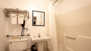 Ein Badezimmer mit Toilette, Waschbecken und Dusche.