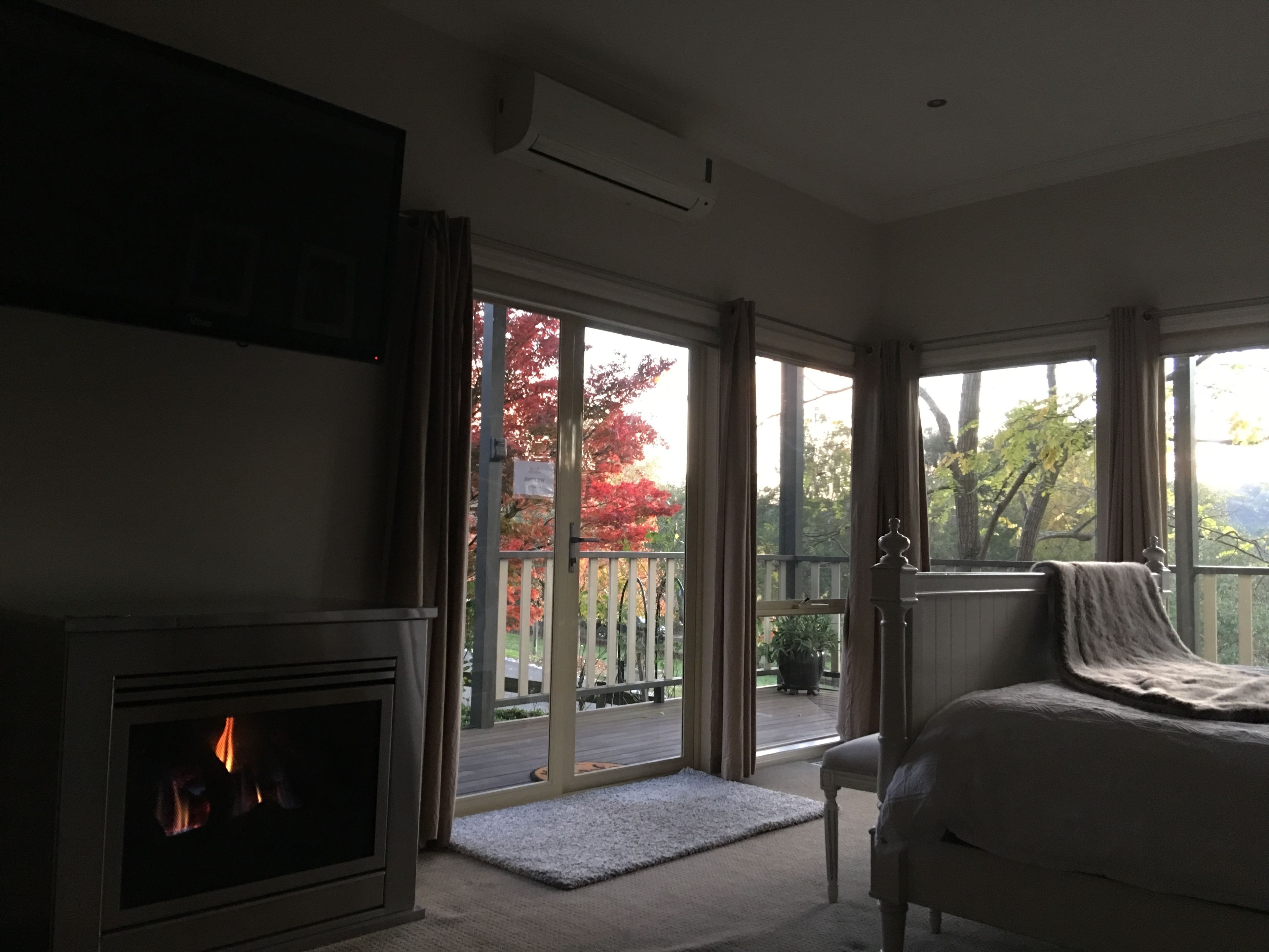 A room with a fireplace, a bed, and large windows offering a view of a balcony and trees.